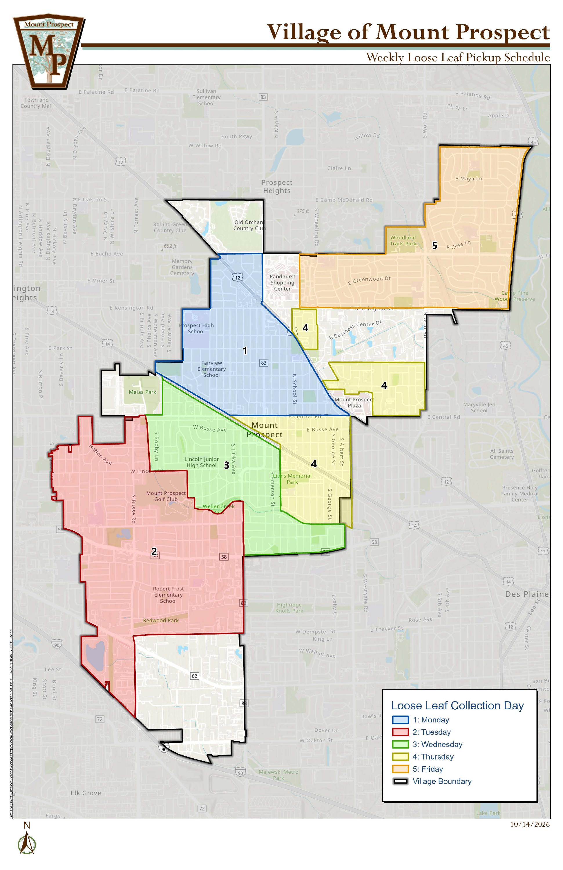 Map showing weekly loose leaf collection days